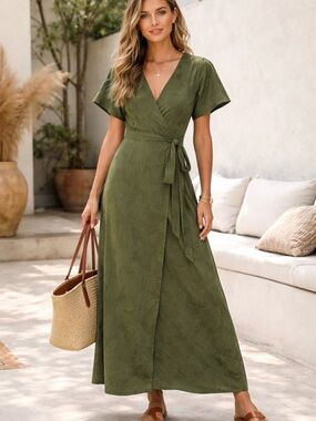 Oliver Bonas Maxi Wrap Dress Green Leaf Print UK 12 US 8 Short Sleeve Romantic